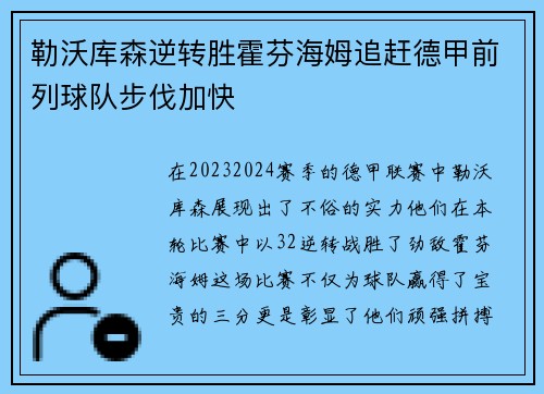 勒沃库森逆转胜霍芬海姆追赶德甲前列球队步伐加快