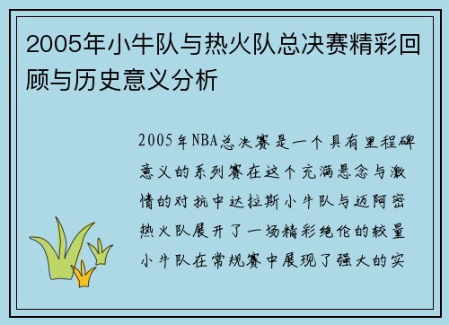2005年小牛队与热火队总决赛精彩回顾与历史意义分析