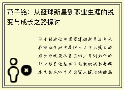 范子铭：从篮球新星到职业生涯的蜕变与成长之路探讨