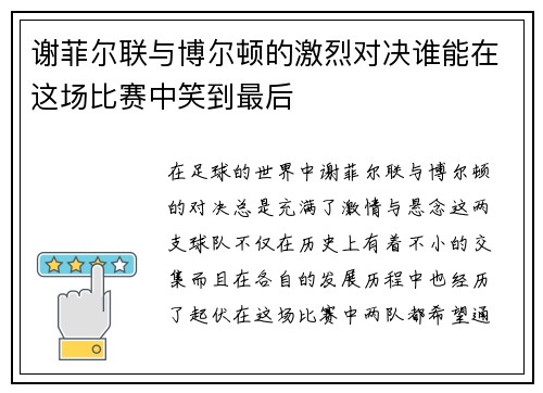 谢菲尔联与博尔顿的激烈对决谁能在这场比赛中笑到最后