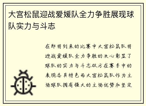 大宫松鼠迎战爱媛队全力争胜展现球队实力与斗志