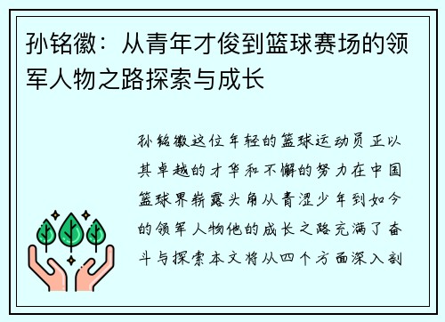 孙铭徽：从青年才俊到篮球赛场的领军人物之路探索与成长