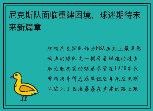 尼克斯队面临重建困境，球迷期待未来新篇章