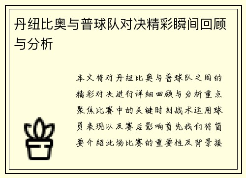 丹纽比奥与普球队对决精彩瞬间回顾与分析