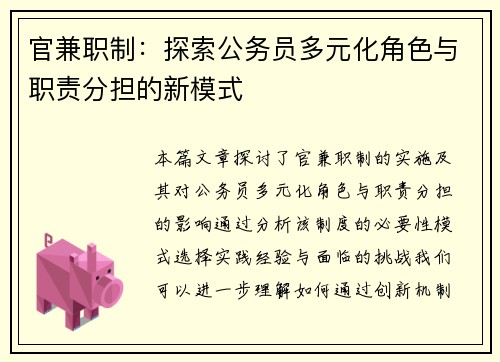 官兼职制：探索公务员多元化角色与职责分担的新模式