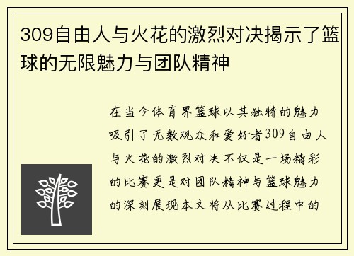 309自由人与火花的激烈对决揭示了篮球的无限魅力与团队精神