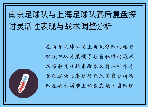 南京足球队与上海足球队赛后复盘探讨灵活性表现与战术调整分析