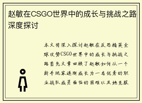 赵敏在CSGO世界中的成长与挑战之路深度探讨